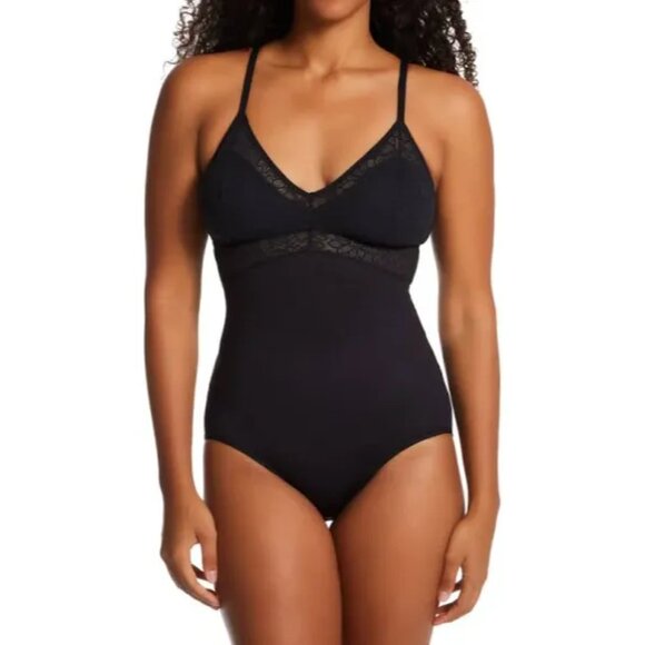 Maidenform size XL Smoothing Seamless Lace Bodysuit Black Thong - Picture 1 of 4